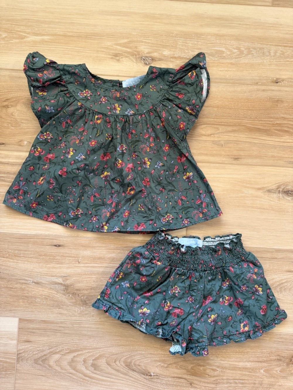 Hill House Kids Two-Piece Floral Set - Olive Green with Red & Yellow Flowers